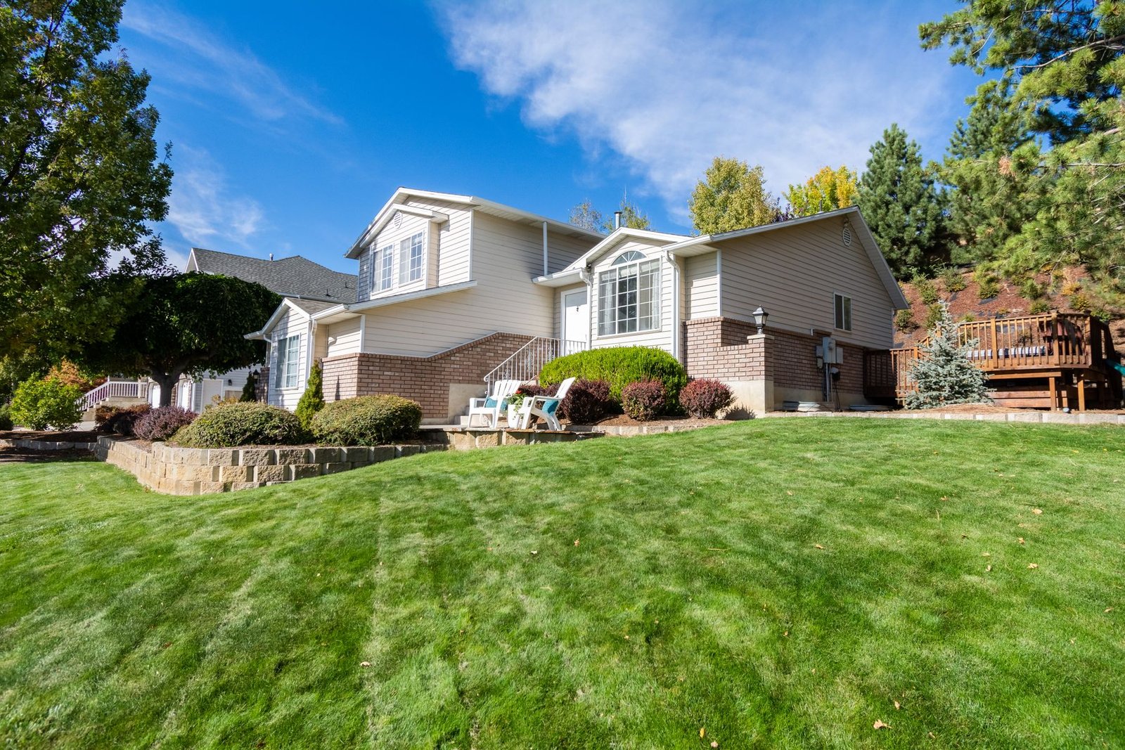 Suburban house with a manicured lawn framed by shade trees